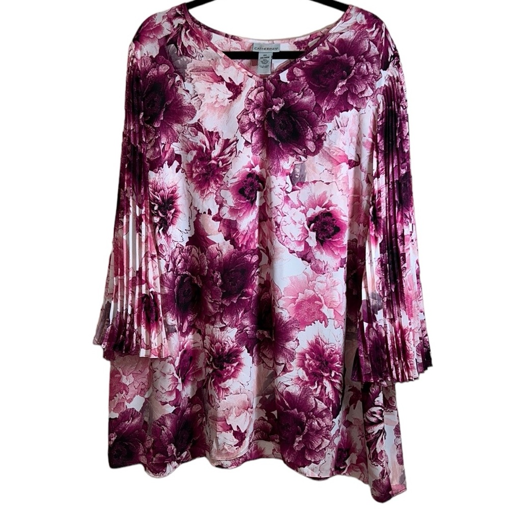 Catherine's V-Neck Pleated Sleeve Blouse in Pink Floral, Women's 2X / 22-24W